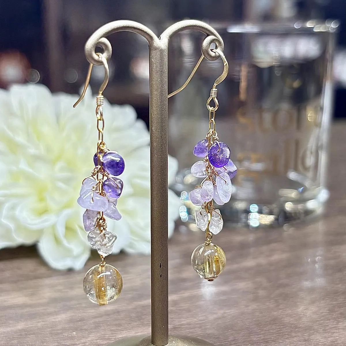 天然石ピアス(ゴールドルチルクォーツ、アメジスト) #RK071