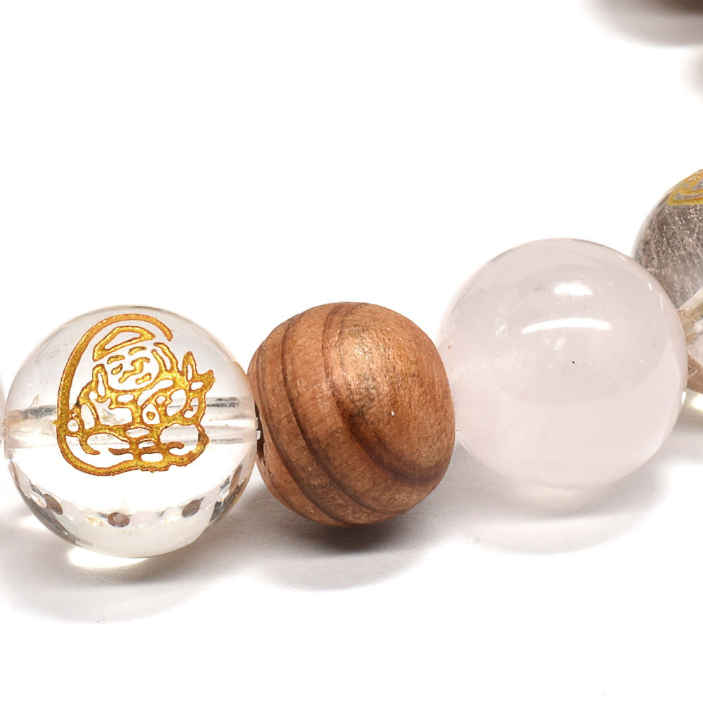 七福神水晶×屋久杉×ローズクォーツ 彫刻「七福神」カットビーズ ブレスレット 10mm #PM7701