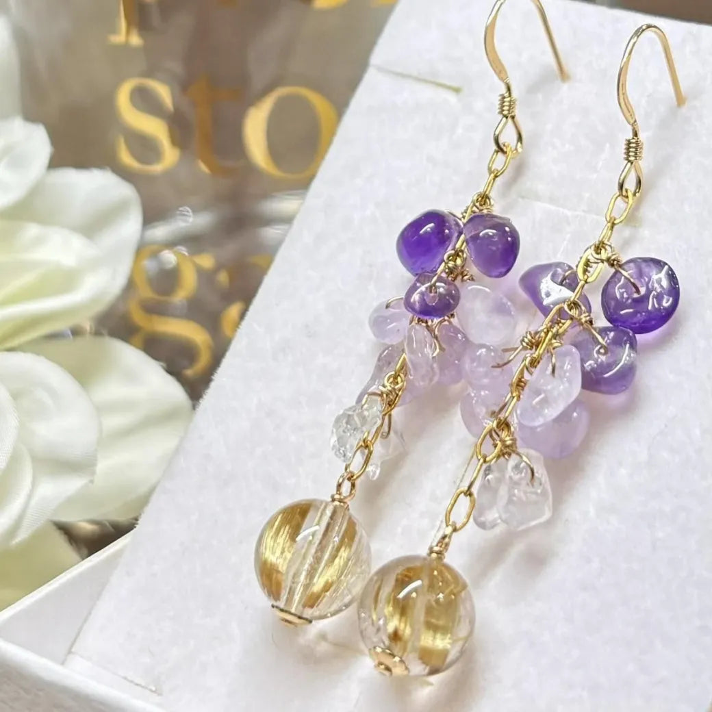 天然石ピアス（ゴールドルチルクォーツ、アメジスト） #RK071