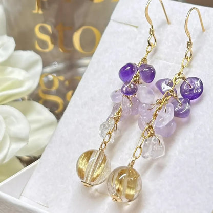 天然石ピアス（ゴールドルチルクォーツ、アメジスト） #RK071